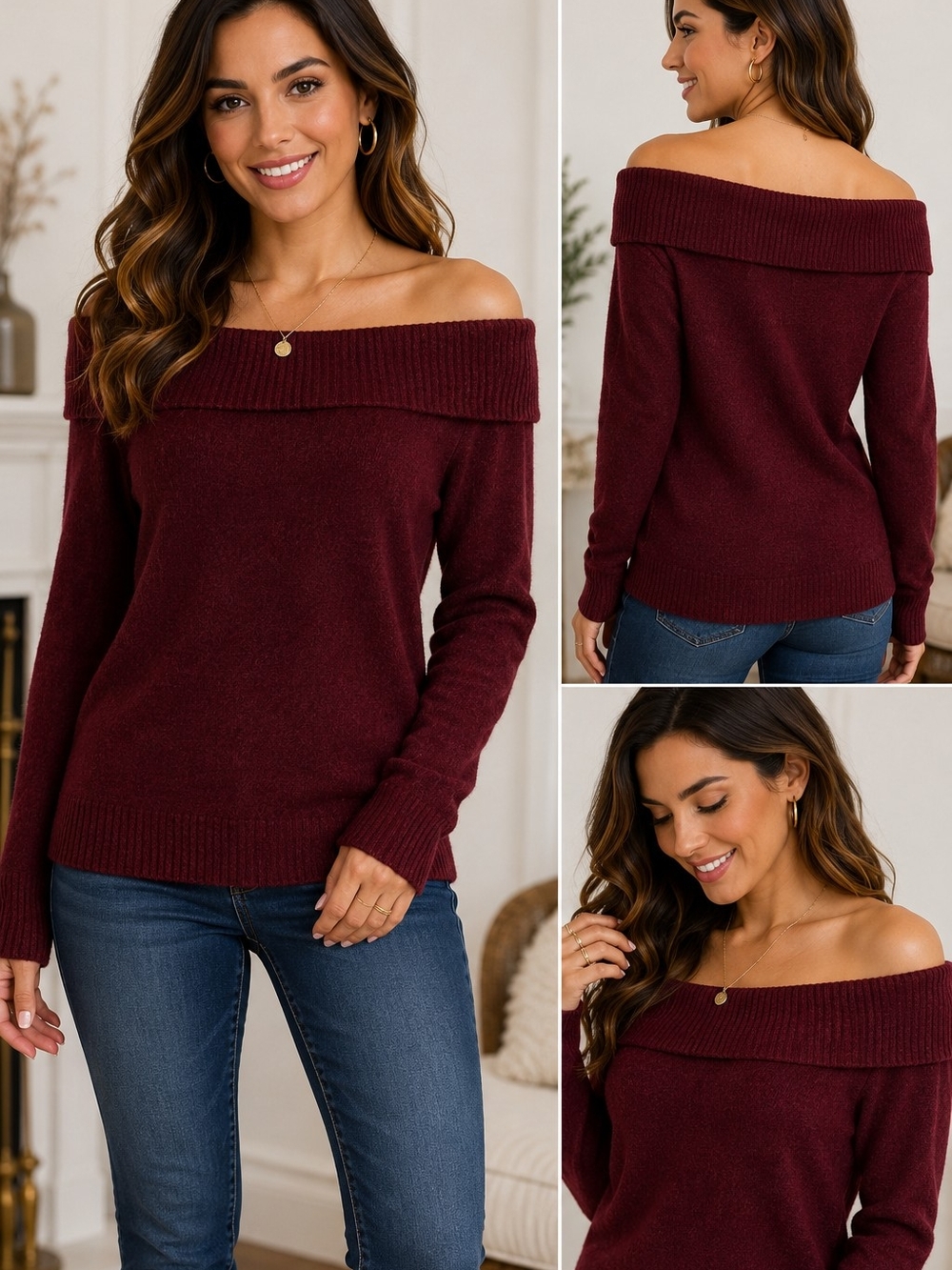 Crown & Ivy Off-Shoulder Soft Knit Sweater - Burgundy